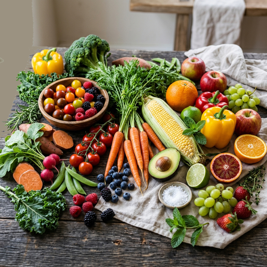Artistic composition of fresh vegetables and fruits
